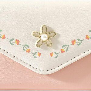 Women Girls Slim Tri-Fold Wallet PU Leather Floral Card Cash Holder Pink